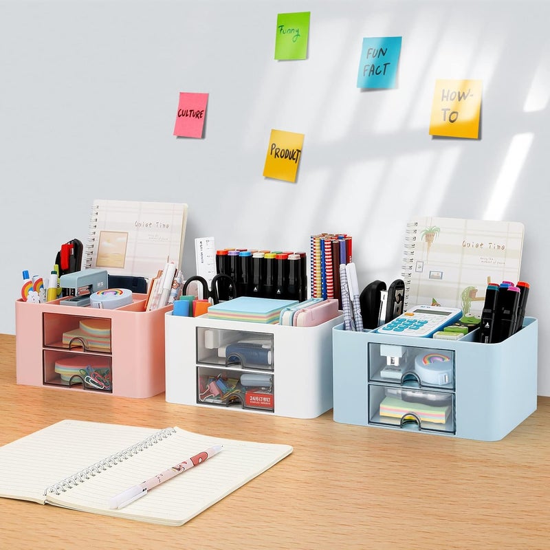 LETURE Desk Organizer with 2 Drawer, Plastic Desktop Pen Pencil Card Holder Storage Box for Desk, Office Supplies, Vanity Table Office School Home (Pink) - Image 2